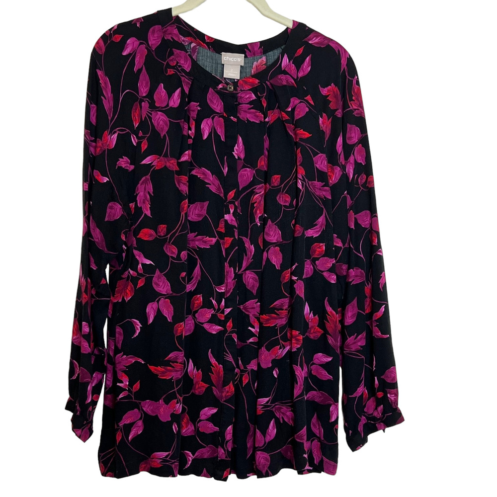 Chicos Womens Blouse Large Black Burgundy Floral Button Front Long Sleeve Rayon